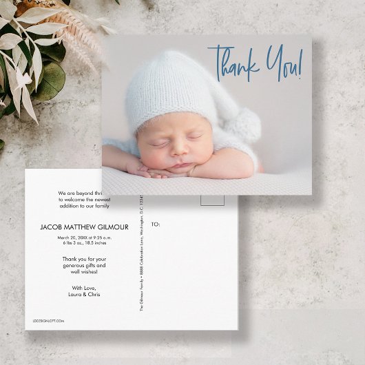 Modern script blue Baby Photo baby shower Briefkaart