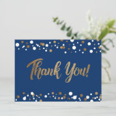 Modern script Blue Gold Confetti Afstuderen Bedankkaart (Staand voorkant)