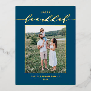 Modern Script Blue Happy Hanukkah Foto Folie Feestdagen Briefkaart