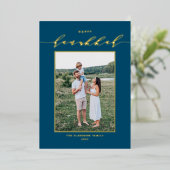 Modern Script Blue Happy Hanukkah Foto Folie Feestdagenkaart (Staand Voorkant)