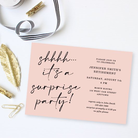 Modern Script Blush Pink Surprise Retirement Party Kaart