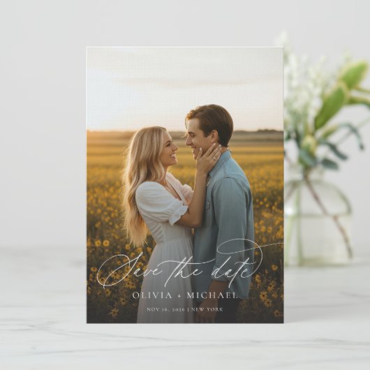 Modern Script Boho Trouwfoto Save The Date (Staand voorkant)