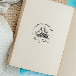 Modern Script Bookplate Schip Nautisch Boek Rubberstempel