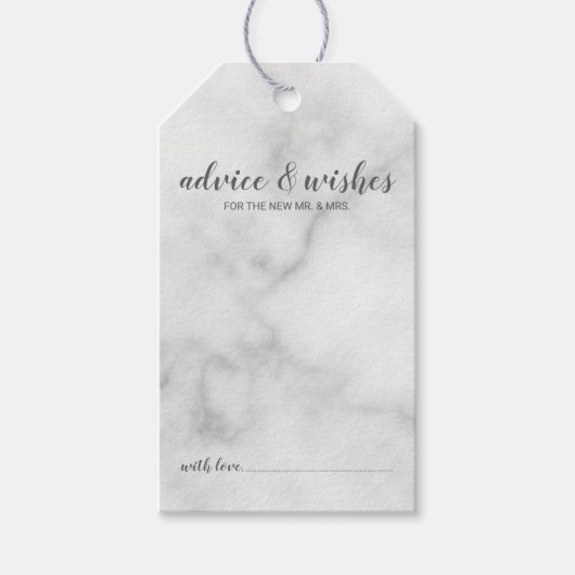 Modern Script Bruiloft Advies & Wensen Wit Marmer Cadeaulabel (Voorkant)