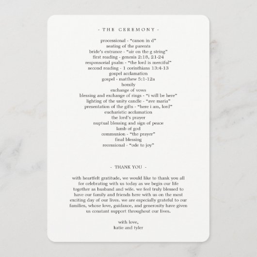 Modern script bruiloft ceremonie programma (Achterkant)