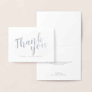 Modern script bruiloft dank u zilver folie kaarten