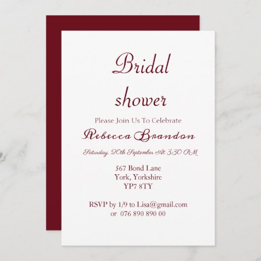 Modern Script Burgundy Bridal Shower Kaart (Voorkant / Achterkant)