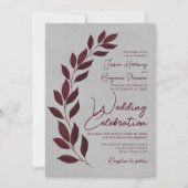 Modern Script Burgundy Leaves on Gray Wedding Kaart (Voorkant)