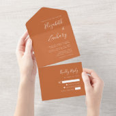 Modern Script Burnt Oranje Wedding All In One Uitnodiging (Afscheurbaar)