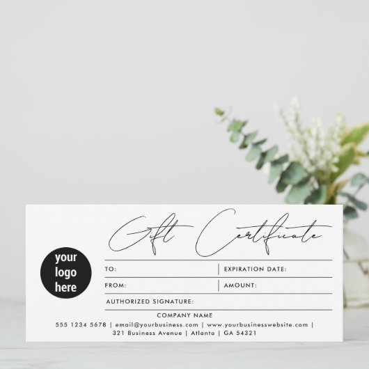 Modern Script Business Logo Cadeaubon Wit (Staand voorkant)