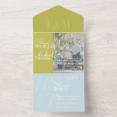 Modern Script Chartreuse and Blue Wedding All In One Uitnodiging (Binnen)