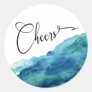 Modern Script Cheers, Blue Green Aqua Waterverf Ronde Sticker