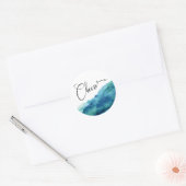 Modern Script Cheers, Blue Green Aqua Waterverf Ronde Sticker (Envelop)