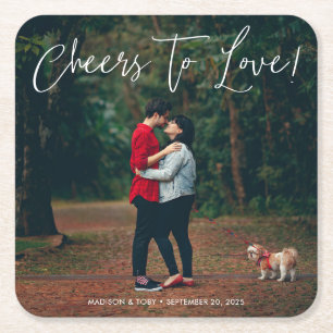Modern Script Cheers to Love Photo Wedding Vierkante Kartonnen Onderzetter