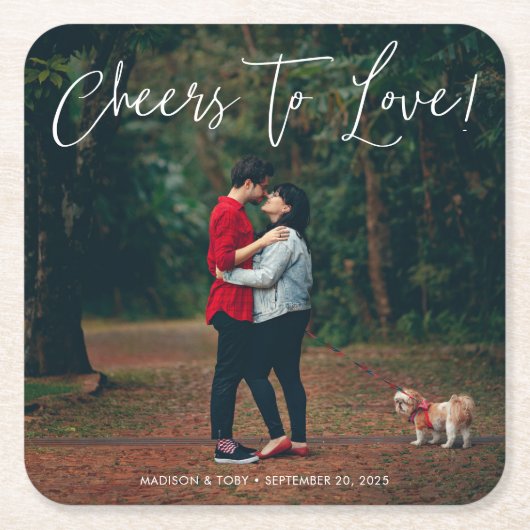Modern Script Cheers to Love Photo Wedding Vierkante Kartonnen Onderzetter (Voorkant)