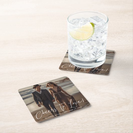 Modern Script Cheers to Love Photo Wedding Vierkante Kartonnen Onderzetter (Insitu)