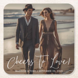 Modern Script Cheers to Love Photo Wedding Vierkante Kartonnen Onderzetter