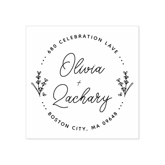 Modern Script Circulaire Floral bruiloft adres Rubberstempel (Afrduk)