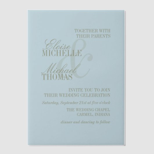 Modern Script Citrus Blue Formal Wedding Vellum Uitnodigingen (Voorkant)
