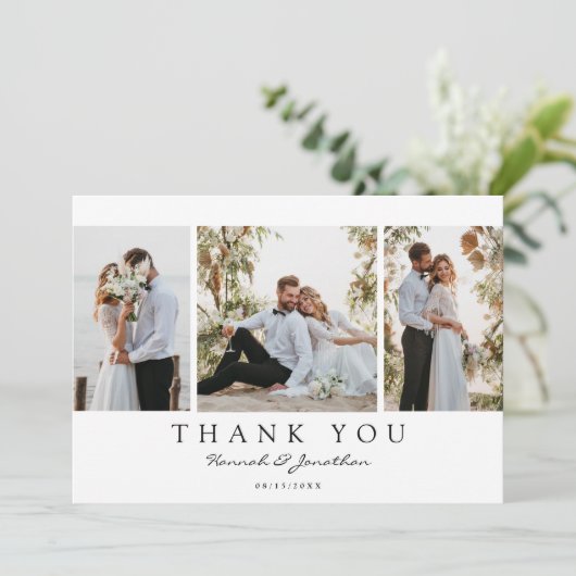 Modern Script Custom 3 foto bruiloft Bedankkaart (Staand voorkant)