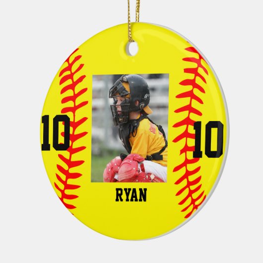 Modern Script Custom Baseball Foto Kerstmis Keramisch Ornament (Links)
