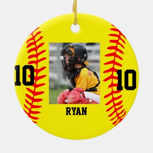 Modern Script Custom Baseball Foto Kerstmis Keramisch Ornament (Achterkant)