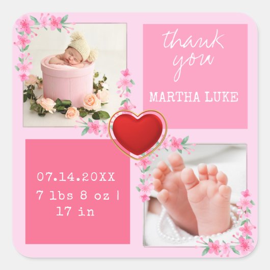 Modern Script Custom Newborn Baby Foto Dank u Vierkante Sticker (Voorkant)