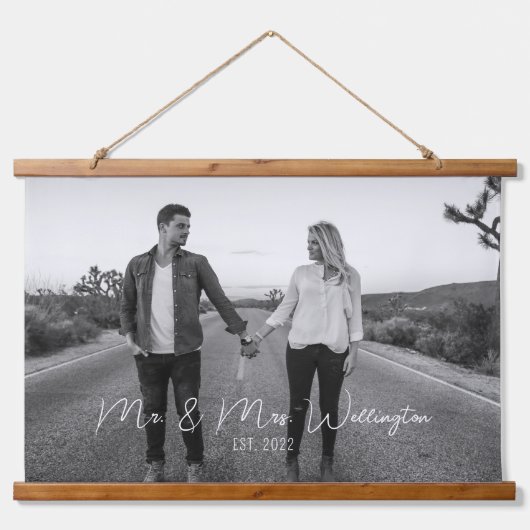 Modern Script Custom Wedding Photo Keepomwille Hangend Wandkleed (Voorkant)