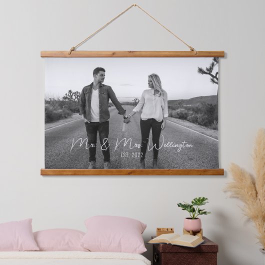 Modern Script Custom Wedding Photo Keepomwille Hangend Wandkleed (Slaapkamer)