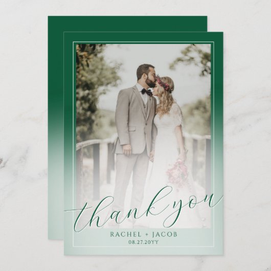 Modern Script Donkergroen 2-foto bruiloft dank u Bedankkaart (Voorkant / Achterkant)