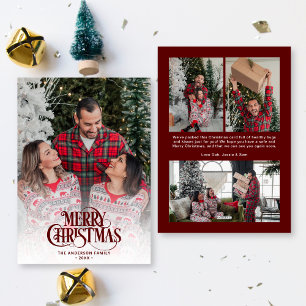 Modern  Script Donkerrood 4 foto's Kerst Feestdagenkaart