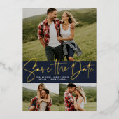 Modern script drie foto navy opslaan van de datum folie uitnodiging (Voorkant)