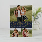 Modern script drie foto navy opslaan van de datum folie uitnodiging (Staand Voorkant)