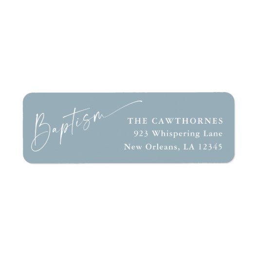 Modern Script Dusty Blue Baptism Retouradres Etiket (Voorkant)