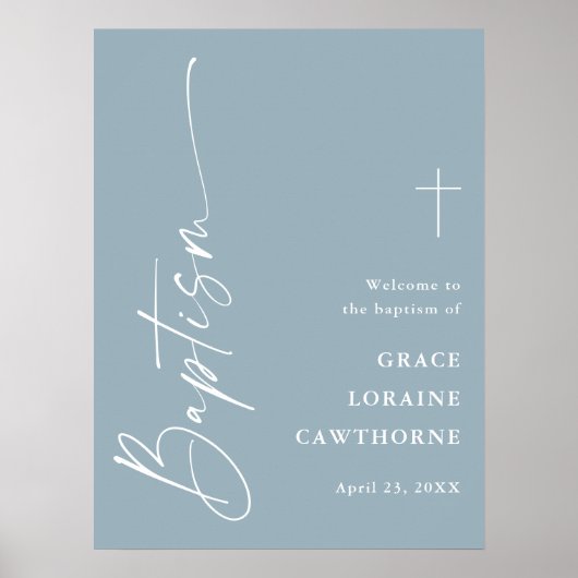 Modern Script Dusty Blue Boys Baptism Welkom Poster (Voorkant)
