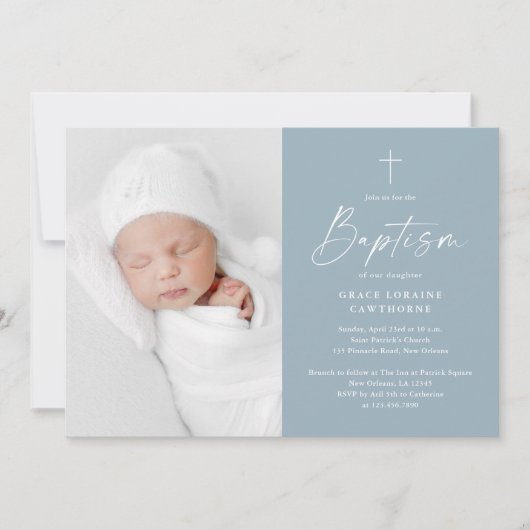 Modern Script Dusty Blue Boys Fotodoop Kaart (Voorkant)