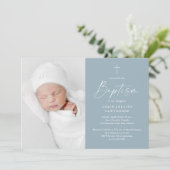 Modern Script Dusty Blue Boys Fotodoop Kaart (Staand voorkant)