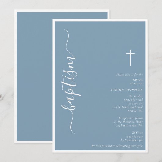 Modern Script Dusty Blue Christening Baptism Kaart (Voorkant / Achterkant)