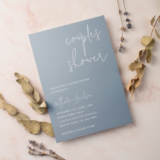Modern Script Dusty Blue Couple Vrijgezellenfeest Kaart