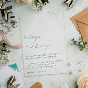 Modern Script Dusty Blue Minimalistic Wedding Acryl Uitnodigingen