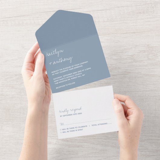 Modern Script Dusty Blue Minimalistic Wedding All In One Uitnodiging (Afscheurbaar)