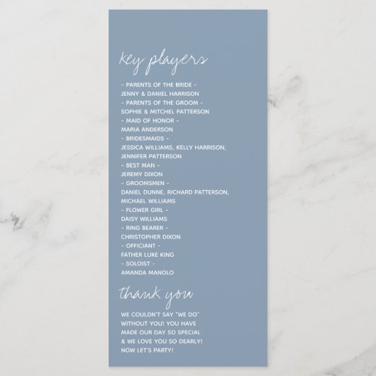 Modern Script Dusty Blue Minimalistic Wedding Programma (Achterkant)