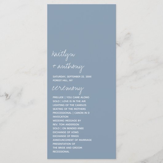 Modern Script Dusty Blue Minimalistic Wedding Programma (Voorkant)