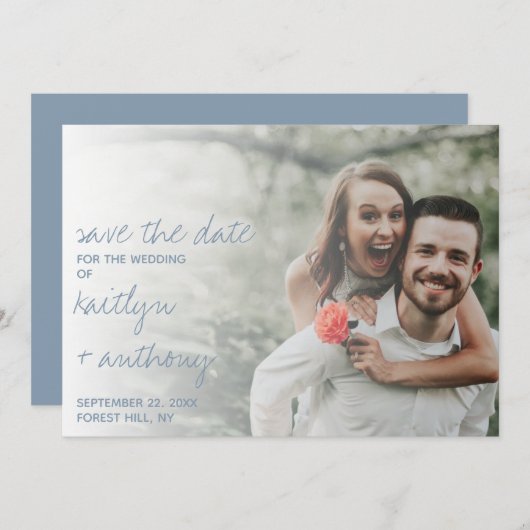 Modern Script Dusty Blue Minimalistic Wedding Save The Date (Voorkant / Achterkant)