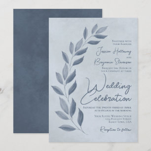 Modern Script Dusty Blue & Pewter Leaves Wedding Kaart
