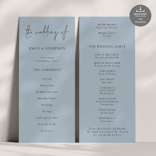 Modern Script Dusty Blue Wedding-programma Kaart