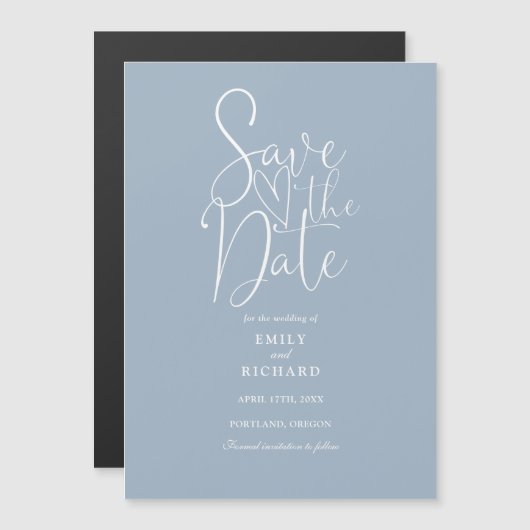 Modern Script Dusty Blue Wedding Save the Date Magnetische Uitnodiging (Voorkant / Achterkant)