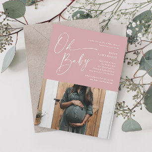 Modern Script Dusty Pink Photo Girl Baby shower Kaart