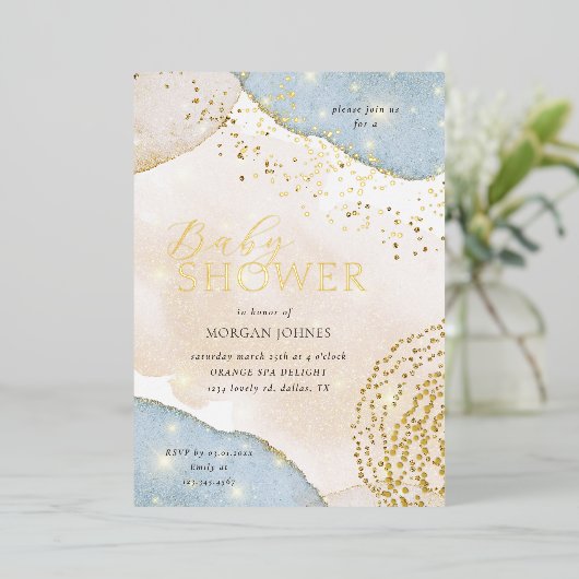 Modern Script Elegant Baby shower Folie Invitation Folie Uitnodiging (Staand Voorkant)