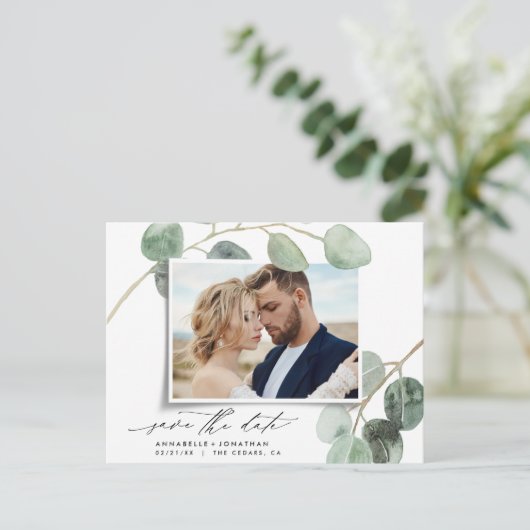 Modern script elegant foto bruiloft aankondigingskaart (Staand voorkant)